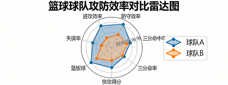 篮球球队攻防效率对比雷达图 - 显示多维度数据对比可视化